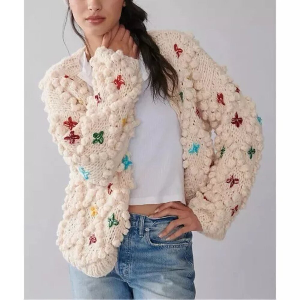 Anthropologie Chunky Knit Pom Pom Open Cardigan - Picture 2 of 7